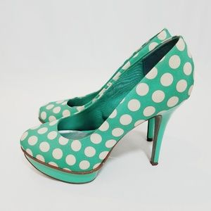 Platform Pumps, Mint w/ Cream Polka Dots, Size 38